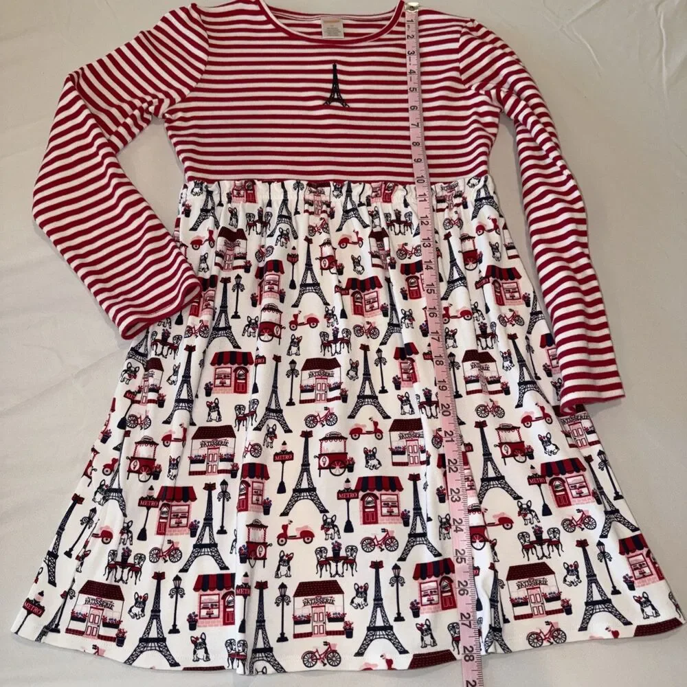 Gymboree Dress Girls Sz 12 Red Blue Fit & Flare Eiffel Tower Paris Frenchie